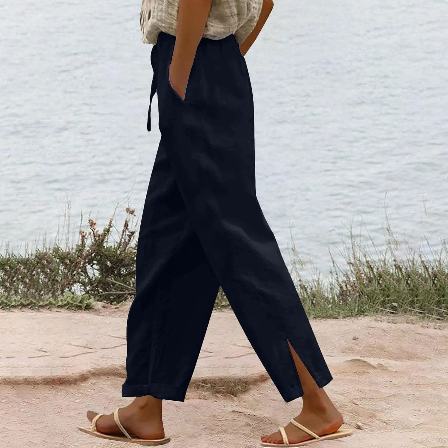 Linen Pants for Women Summer High Waist Elastic Straight Leg Lounge Pant Casual Loose Lightweight Beach Trousers 2025
