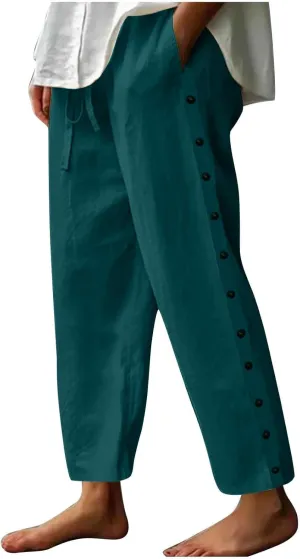 Linen Pants Women Elastic High Waisted Drawstring Beach Pant Casual Loose Side Button Wide Leg Trousers with Pocket