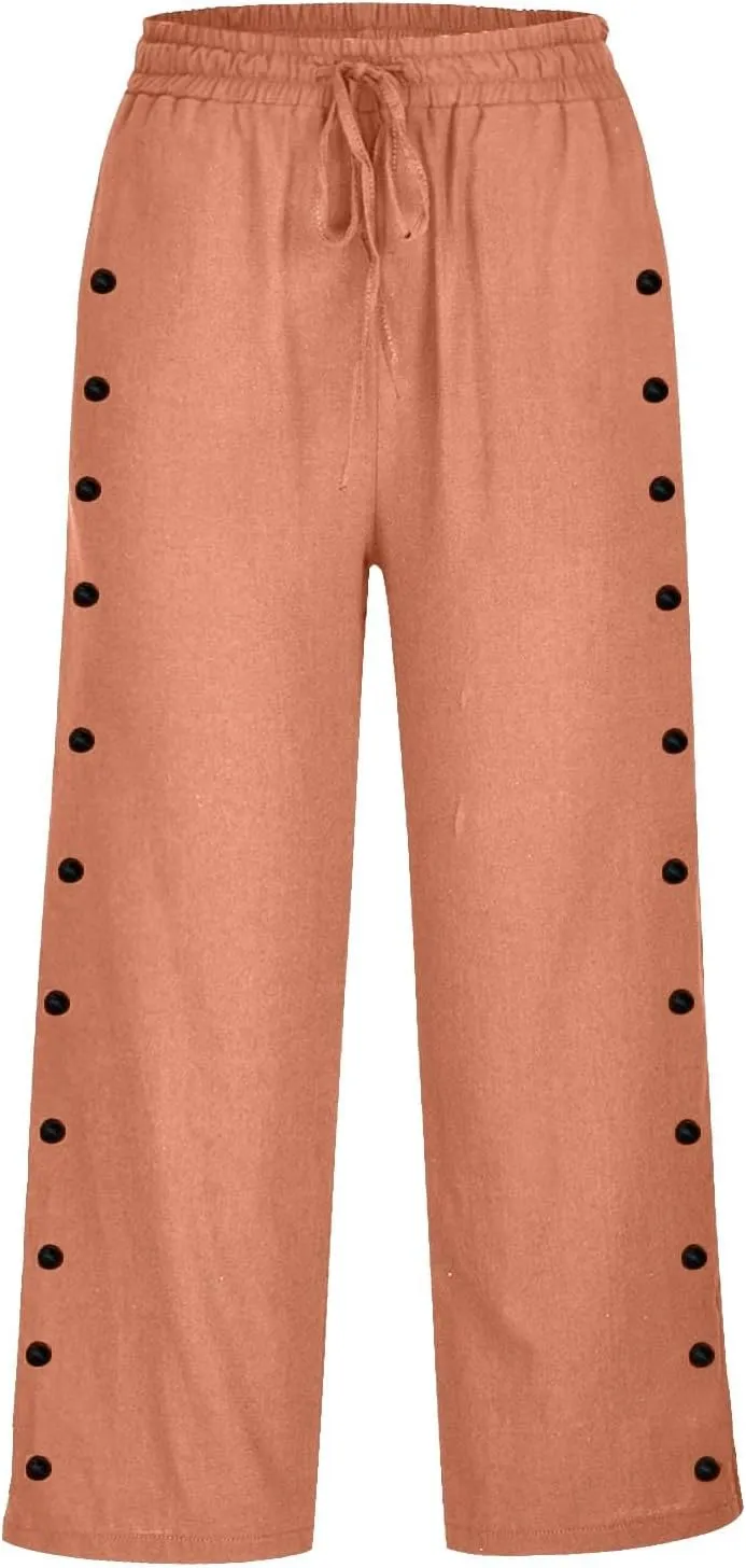 Linen Pants Women Elastic High Waisted Drawstring Beach Pant Casual Loose Side Button Wide Leg Trousers with Pocket