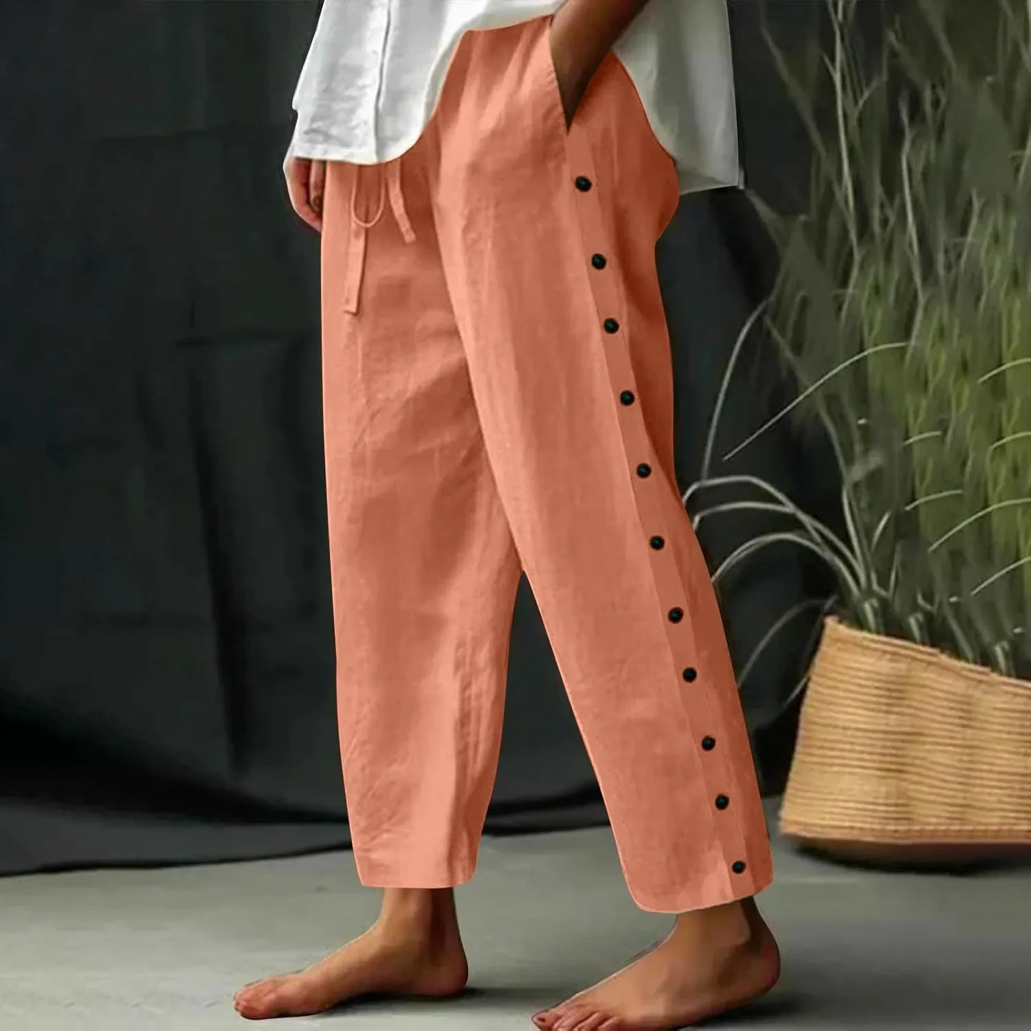 Linen Pants Women Elastic High Waisted Drawstring Beach Pant Casual Loose Side Button Wide Leg Trousers with Pocket