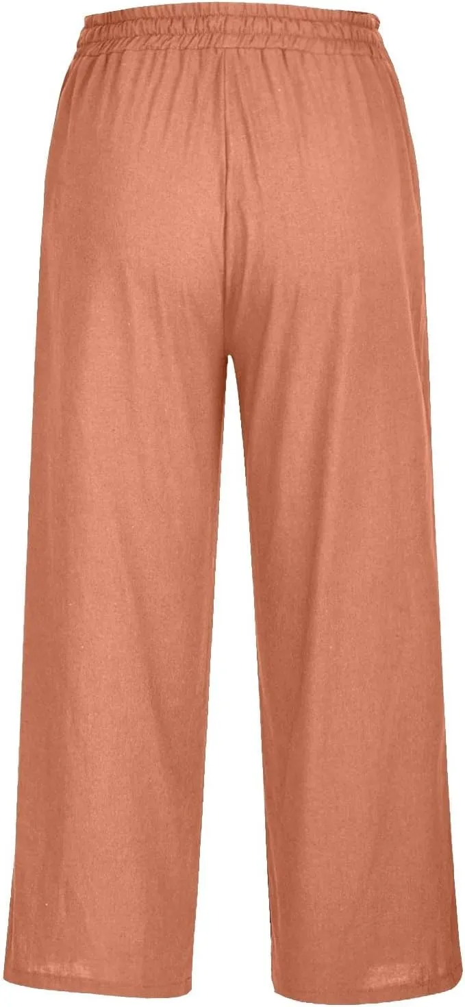 Linen Pants Women Elastic High Waisted Drawstring Beach Pant Casual Loose Side Button Wide Leg Trousers with Pocket