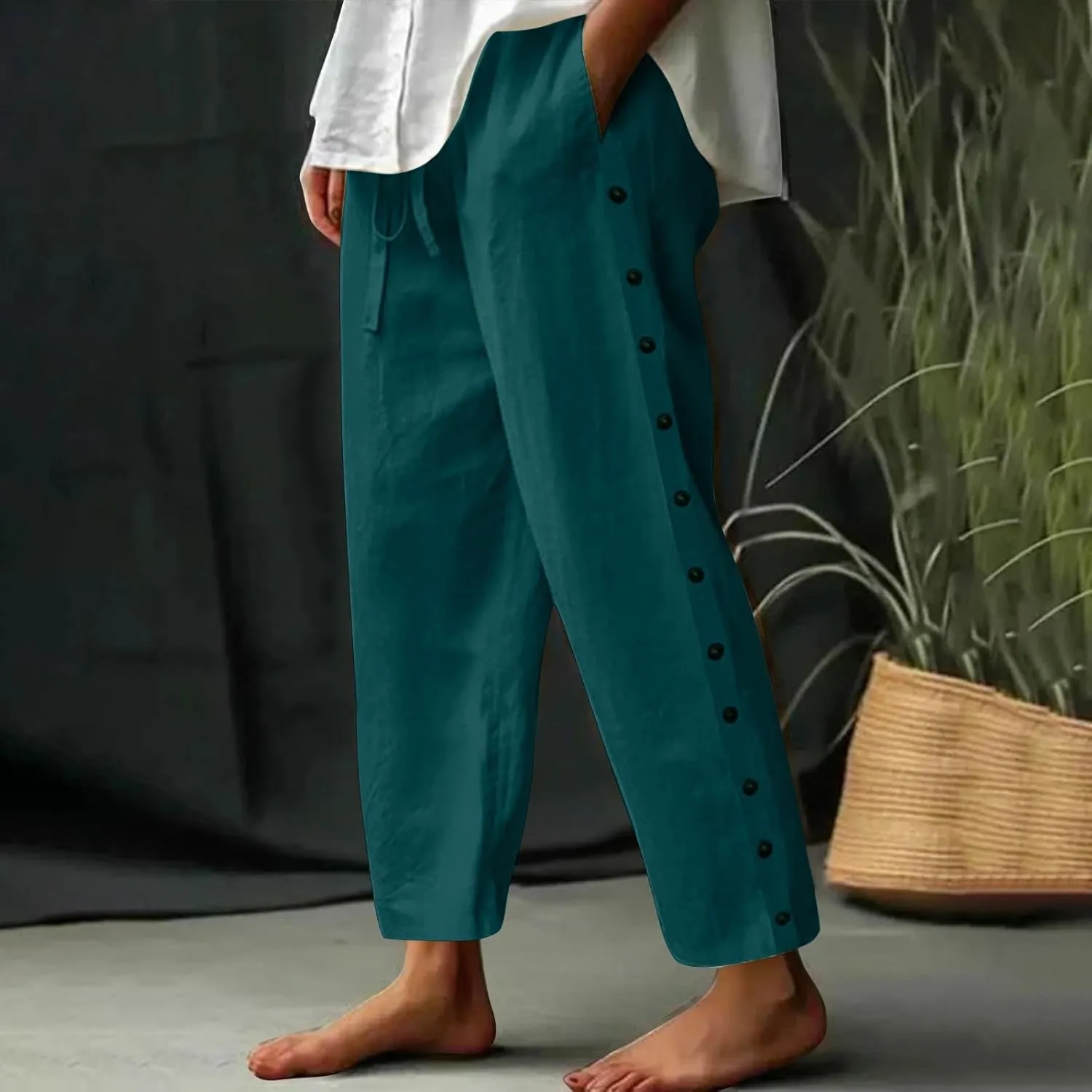 Linen Pants Women Elastic High Waisted Drawstring Beach Pant Casual Loose Side Button Wide Leg Trousers with Pocket