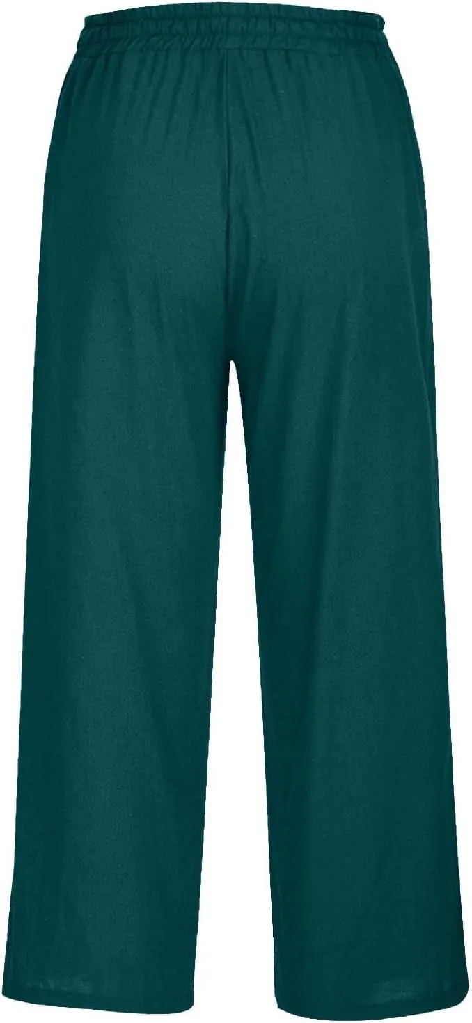 Linen Pants Women Elastic High Waisted Drawstring Beach Pant Casual Loose Side Button Wide Leg Trousers with Pocket