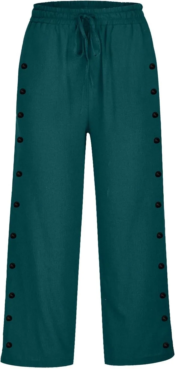 Linen Pants Women Elastic High Waisted Drawstring Beach Pant Casual Loose Side Button Wide Leg Trousers with Pocket