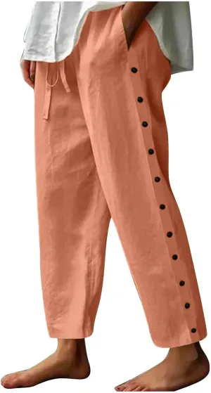Linen Pants Women Elastic High Waisted Drawstring Beach Pant Casual Loose Side Button Wide Leg Trousers with Pocket