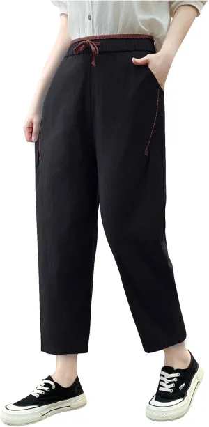 Linen Pants Women High Waist Pants Drawstring Elastic Waist Pant Straight Leg Beach Vacation Trousers 2025 Outfits