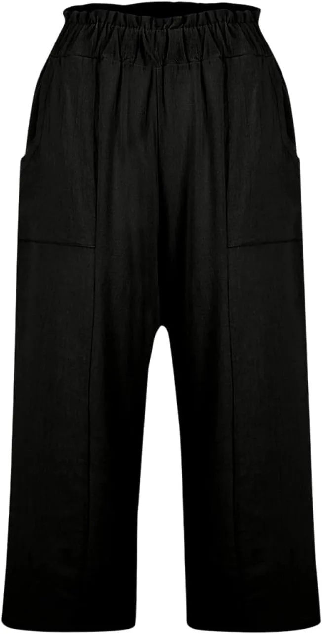 Linen Pants Women Summer Wide Leg Capri Pants High Waisted Capris Loose Palazzo Pant Cropped Trousers