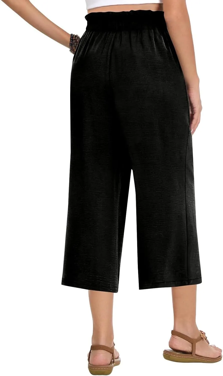 Linen Pants Women Summer Wide Leg Capri Pants High Waisted Capris Loose Palazzo Pant Cropped Trousers