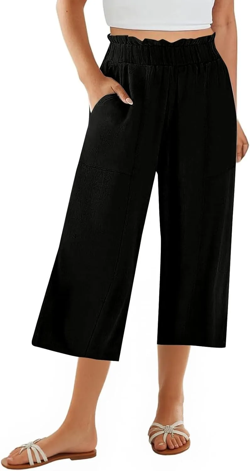 Linen Pants Women Summer Wide Leg Capri Pants High Waisted Capris Loose Palazzo Pant Cropped Trousers