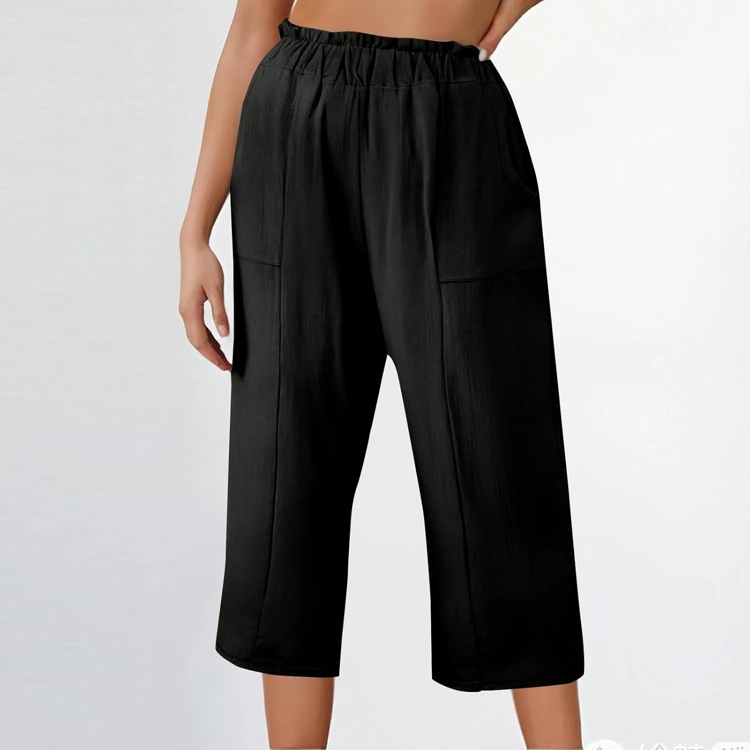 Linen Pants Women Summer Wide Leg Capri Pants High Waisted Capris Loose Palazzo Pant Cropped Trousers