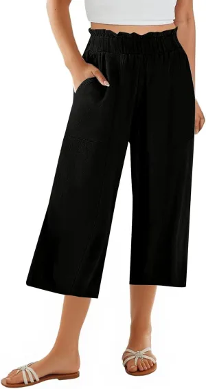 Linen Pants Women Summer Wide Leg Capri Pants High Waisted Capris Loose Palazzo Pant Cropped Trousers
