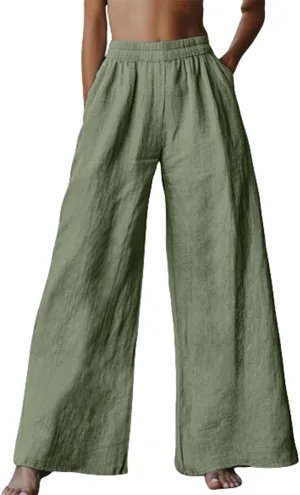 Linen Pants Women Summer Wide Leg Elastic High Waist Pants Summer Casual Long Trousers with Pockets Boho Clothes