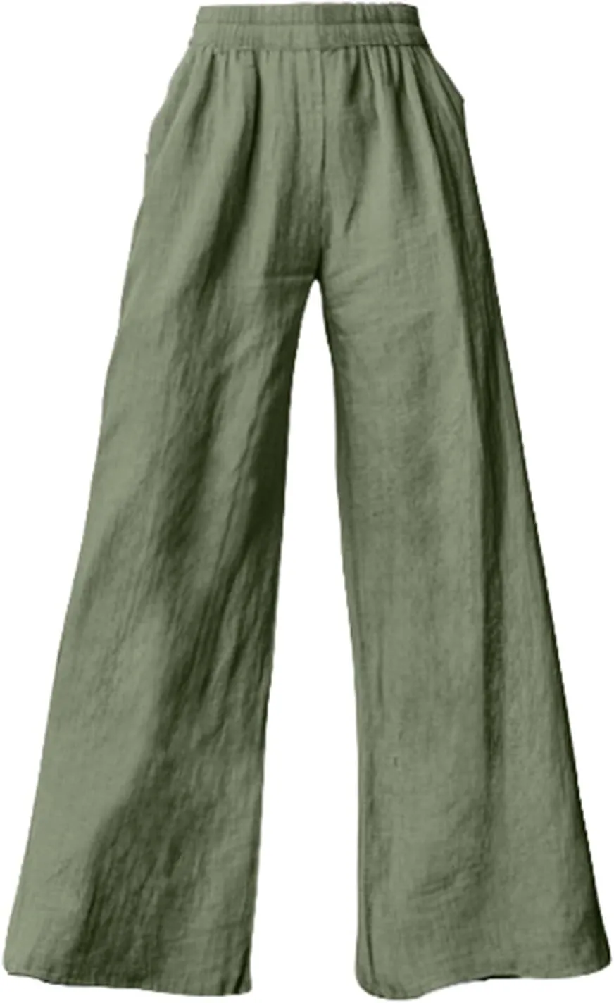 Linen Pants Women Summer Wide Leg Elastic High Waist Pants Summer Casual Long Trousers with Pockets Boho Clothes