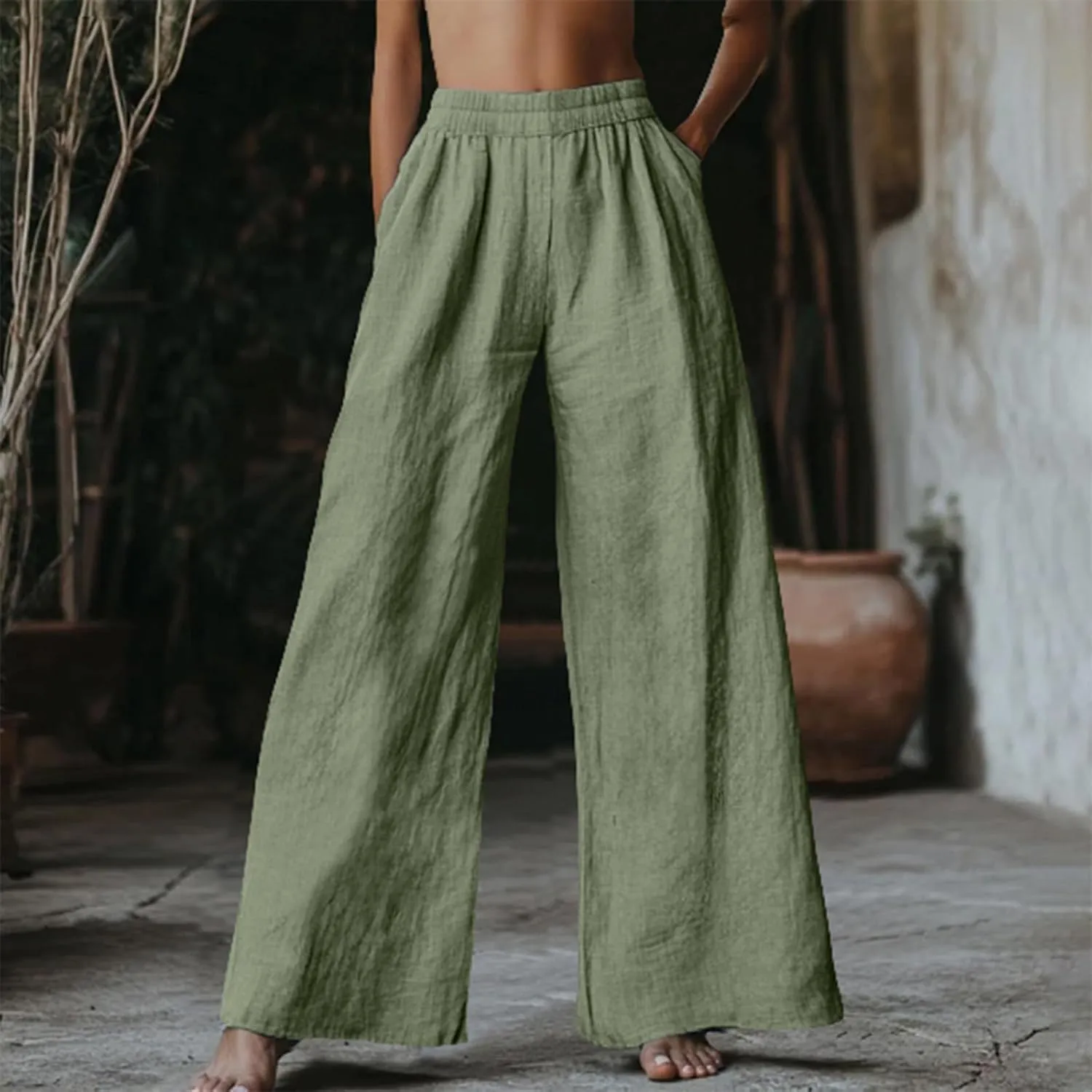 Linen Pants Women Summer Wide Leg Elastic High Waist Pants Summer Casual Long Trousers with Pockets Boho Clothes