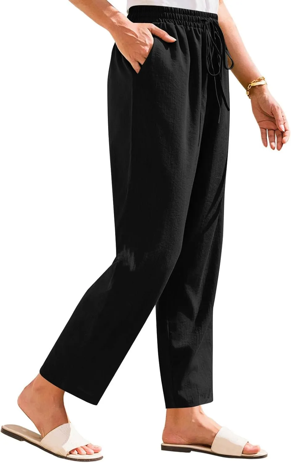 Linen Pants Women Trendy 2025 Casual Summer High Waisted Drawstring Lounge Trousers Straight Leg Pant with Pockets