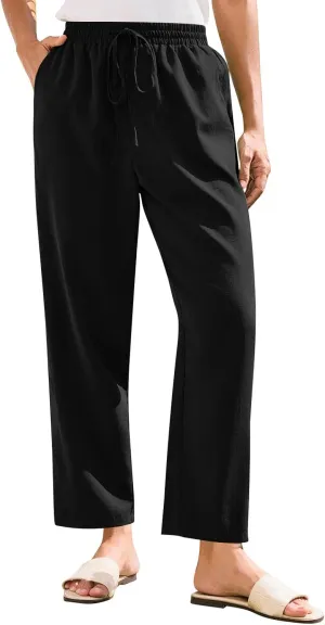 Linen Pants Women Trendy 2025 Casual Summer High Waisted Drawstring Lounge Trousers Straight Leg Pant with Pockets