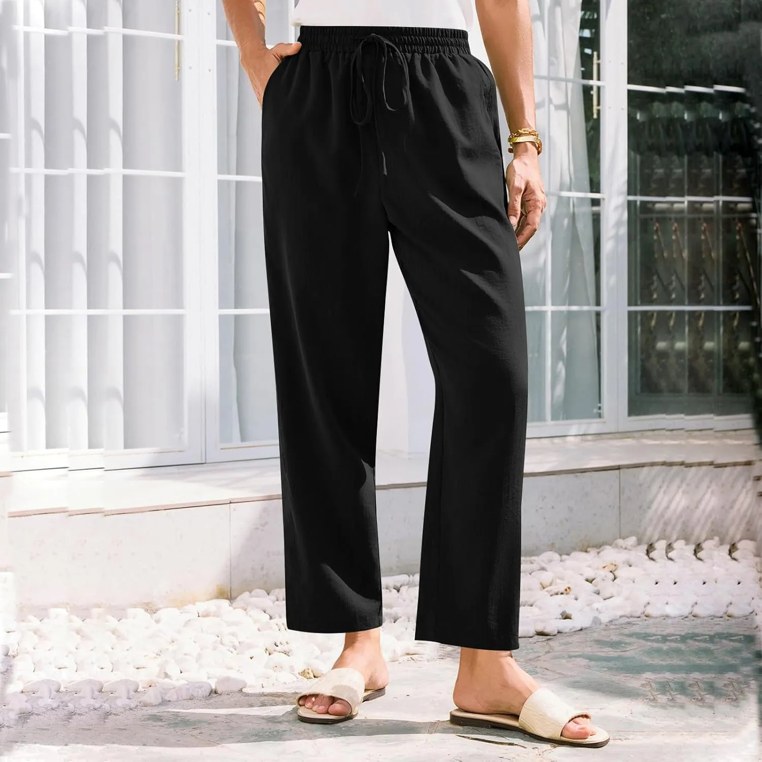 Linen Pants Women Trendy 2025 Casual Summer High Waisted Drawstring Lounge Trousers Straight Leg Pant with Pockets