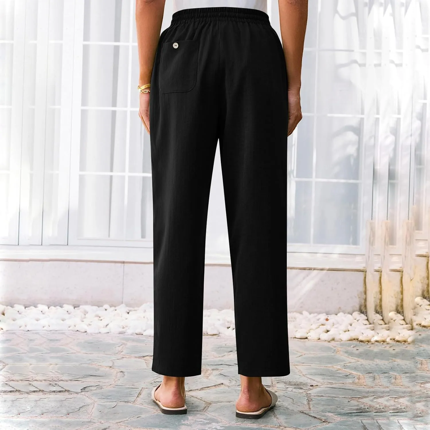 Linen Pants Women Trendy 2025 Casual Summer High Waisted Drawstring Lounge Trousers Straight Leg Pant with Pockets