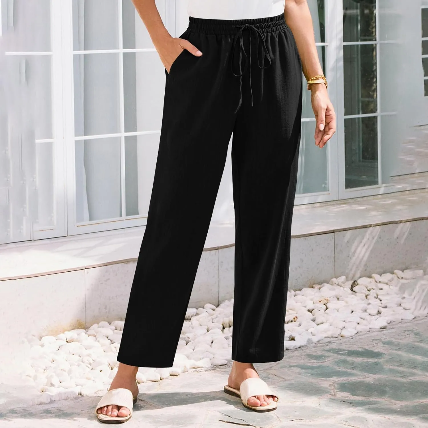 Linen Pants Women Trendy 2025 Casual Summer High Waisted Drawstring Lounge Trousers Straight Leg Pant with Pockets