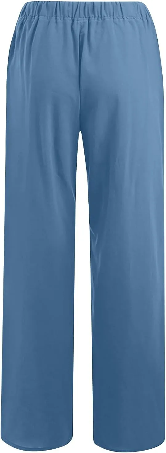 Linen Pants Women Wide Leg Pants High Waisted Lounge Pants Drawstring Elastic Waist Pants Casual Beach Trousers 2025