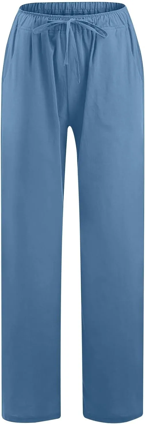 Linen Pants Women Wide Leg Pants High Waisted Lounge Pants Drawstring Elastic Waist Pants Casual Beach Trousers 2025