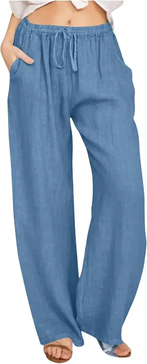 Linen Pants Women Wide Leg Pants High Waisted Lounge Pants Drawstring Elastic Waist Pants Casual Beach Trousers 2025