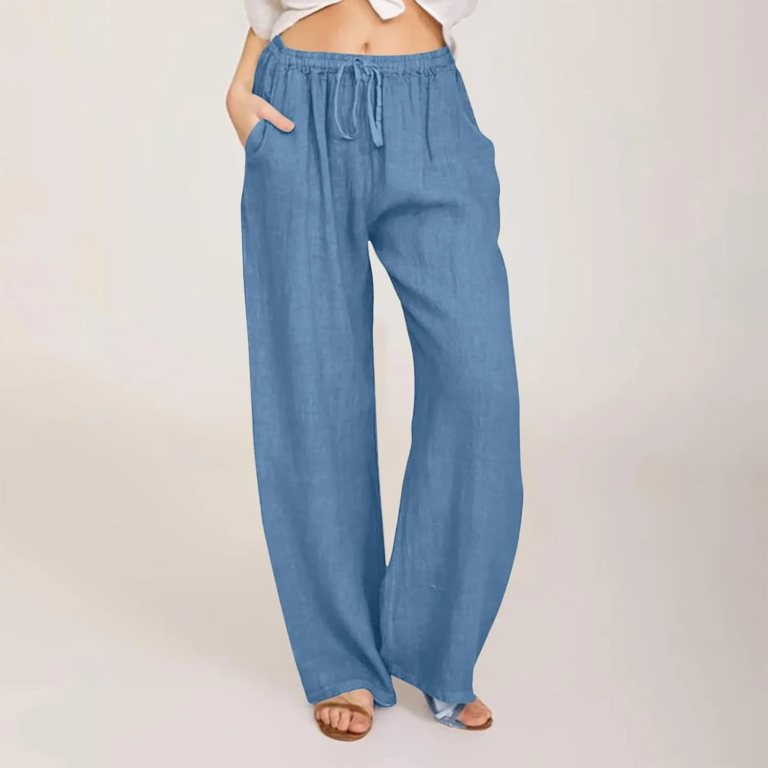 Linen Pants Women Wide Leg Pants High Waisted Lounge Pants Drawstring Elastic Waist Pants Casual Beach Trousers 2025