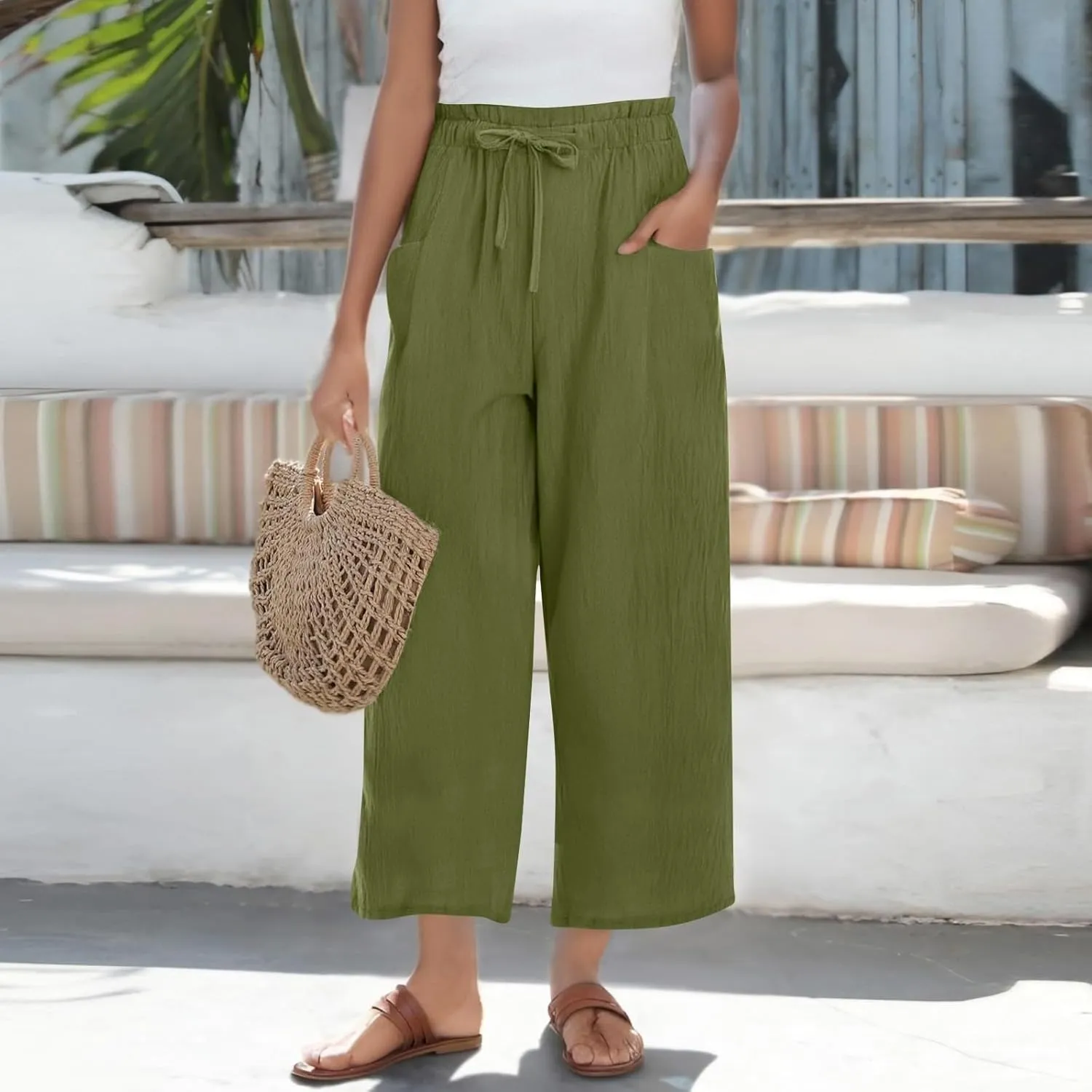 Linen Pants Women,Vacation Outfits Plus Size Beach Shorts Dressy Casual Trouser Gauze Spring Pants for Women