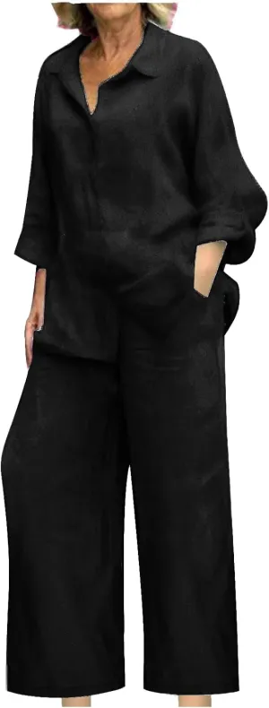Linen Sets for Women 2 Piece 2025 Long Sleeve Shirts Wide Leg Trousers Loose Fit Dressy Cotton Linen Sets Outfits