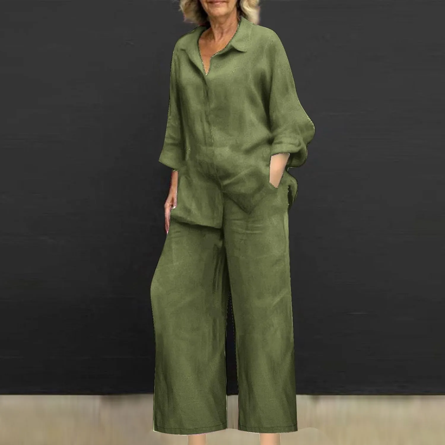 Linen Sets for Women 2 Piece 2025 Long Sleeve Shirts Wide Leg Trousers Loose Fit Dressy Cotton Linen Sets Outfits