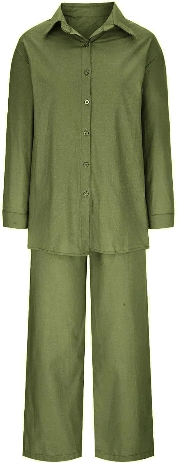 Linen Sets for Women 2 Piece 2025 Long Sleeve Shirts Wide Leg Trousers Loose Fit Dressy Cotton Linen Sets Outfits
