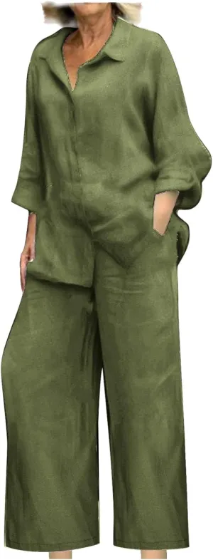 Linen Sets for Women 2 Piece 2025 Long Sleeve Shirts Wide Leg Trousers Loose Fit Dressy Cotton Linen Sets Outfits