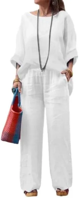 Linen Sets for Women 2 Piece Linen Pants Outfits Casual Long Sleeve Shirts and Wide Leg Pant Linen Suits Plus Size
