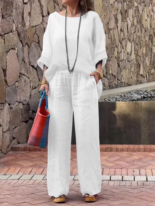 Linen Sets for Women 2 Piece Linen Pants Outfits Casual Long Sleeve Shirts and Wide Leg Pant Linen Suits Plus Size