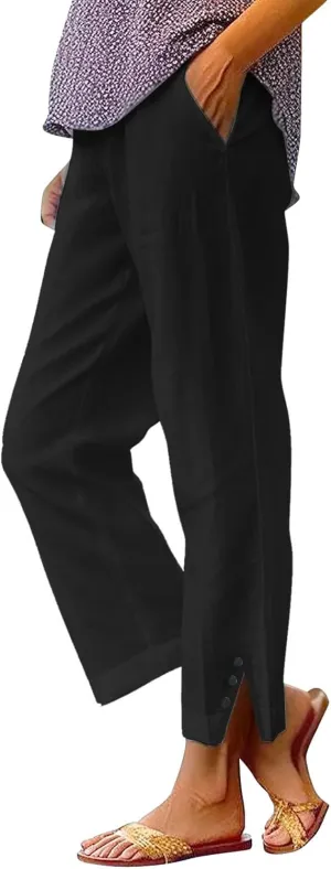 Linen Summer Pants for Woman Elastic Pants Long Drawstring Linen Women Waist Cotton Casual Slit Trouser with Pockets