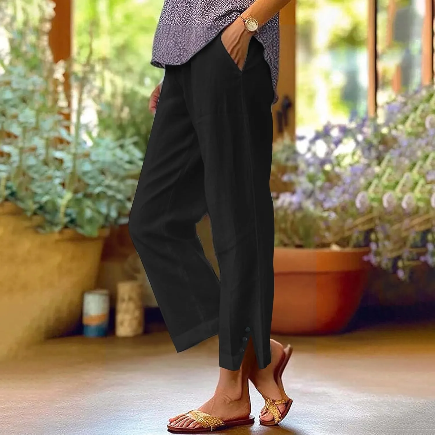 Linen Summer Pants for Woman Elastic Pants Long Drawstring Linen Women Waist Cotton Casual Slit Trouser with Pockets
