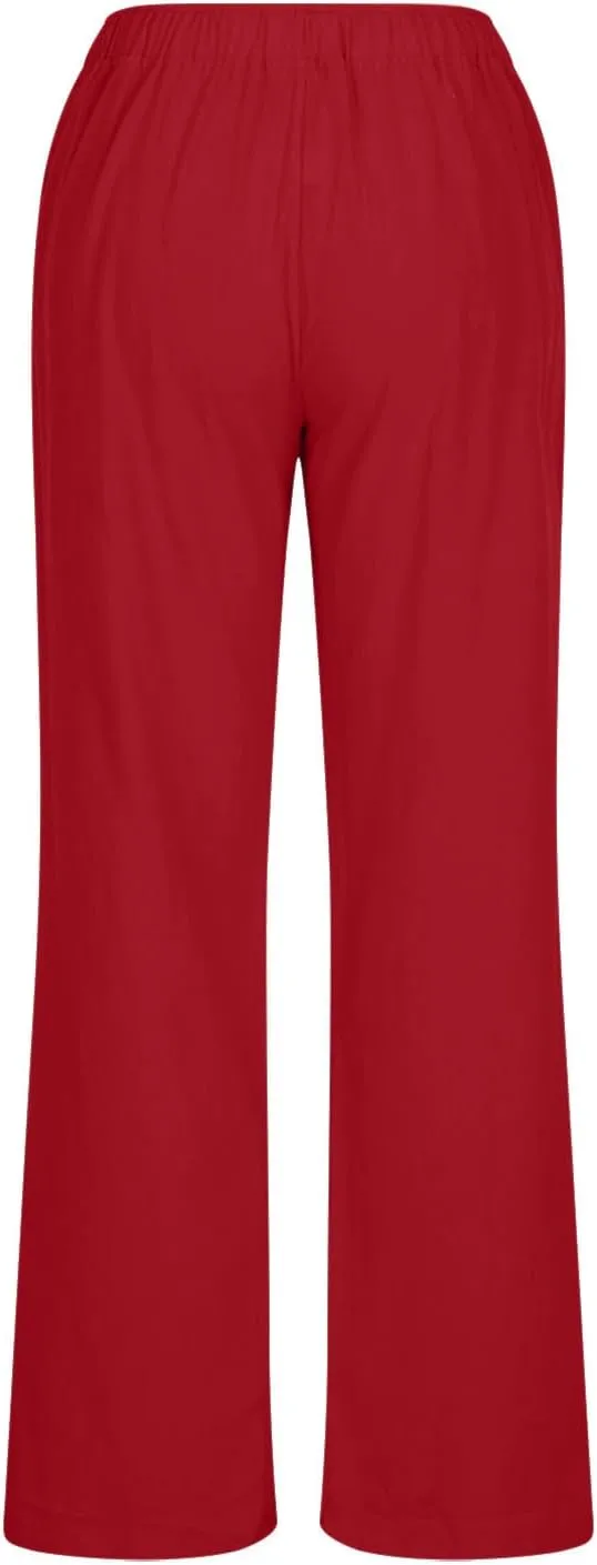 Linen Summer Pants Women 2024 Trendy Casual High Waist Drawstring Loose Fit Lightweight Long Palazzo Gauze Pants