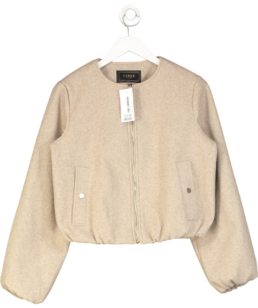 lipsy london Beige Neutral Wool Look Bubble Hem Bomber Jacket UK 10