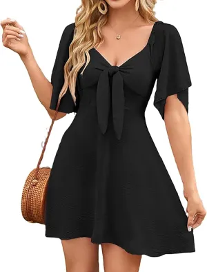 LLHXRUI Women's Twist Front Bowknot Ruffle Spring Summer Dress Casual Deep V Neck Elegant Bow tie Flowy Tunic Mini Dresses