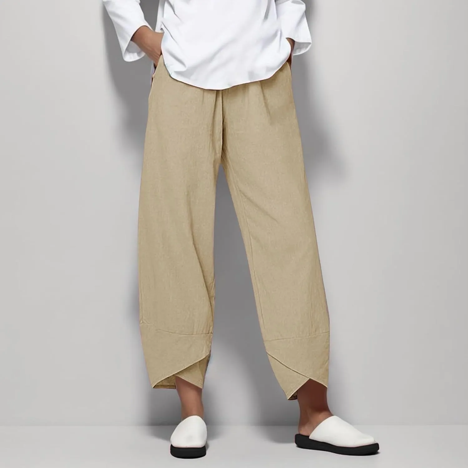 Loose Women Straight Summer Pants High Casual Waist Long Solid Cotton Pants Womens High Waist White