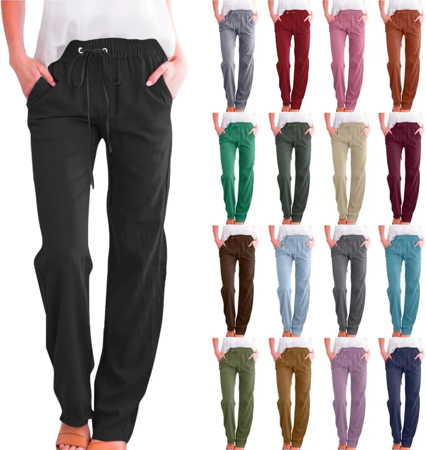 LRMQS Linen Pants Women Beach Vacation Elastic Waist Drawstring Cotton Trousers Pant Gauze Loose 2025 Casual Summer Clothes
