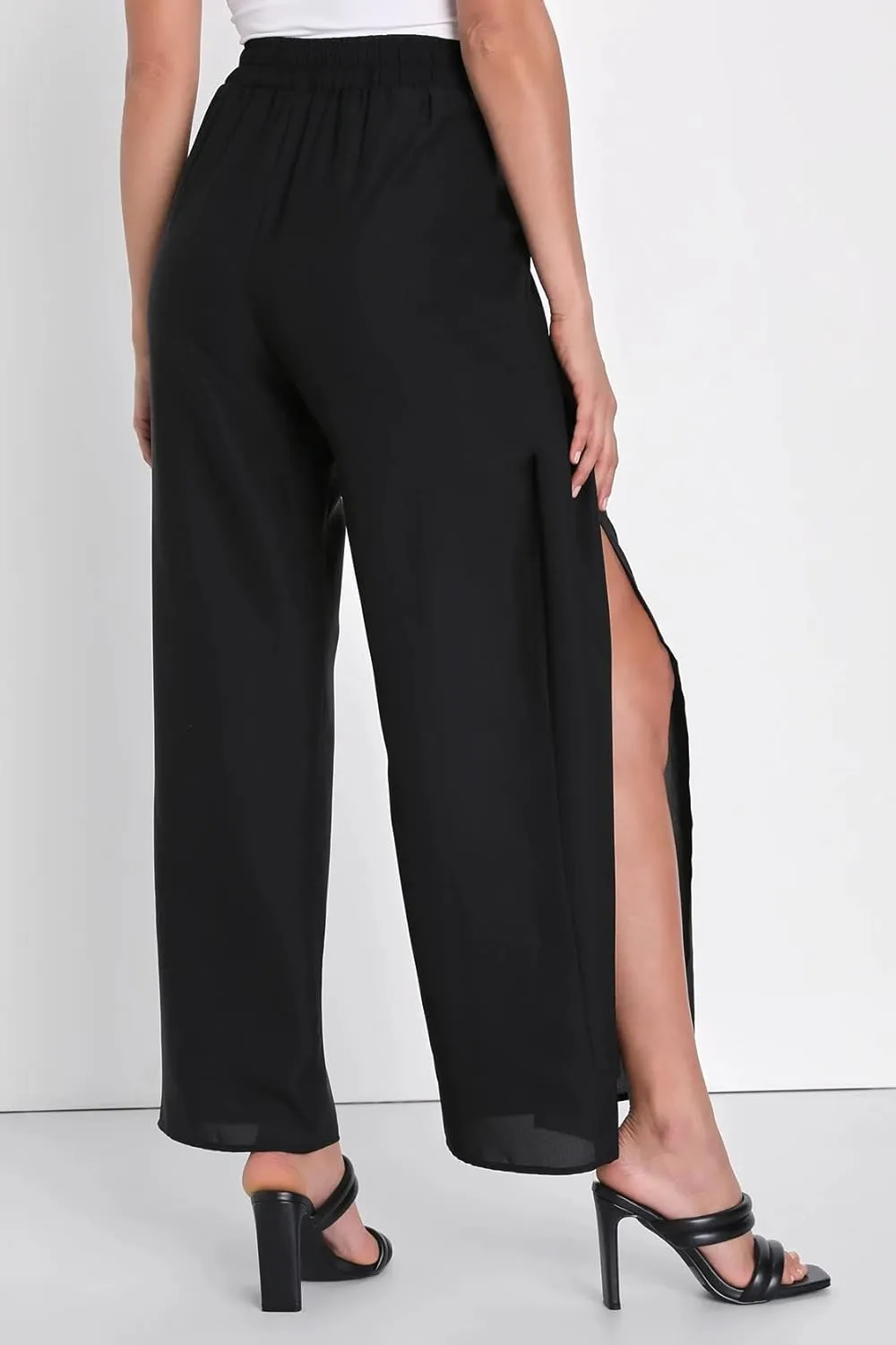 LuFeng Women's Elegant Tie Front High Waist Belted Flowy Side Split Wide Leg Long Casual Pants