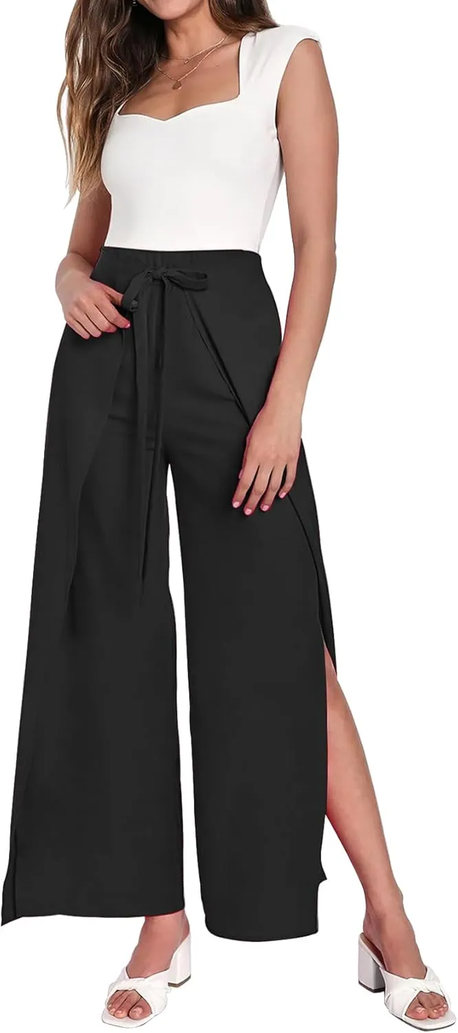 LuFeng Women's Elegant Tie Front High Waist Belted Flowy Side Split Wide Leg Long Casual Pants