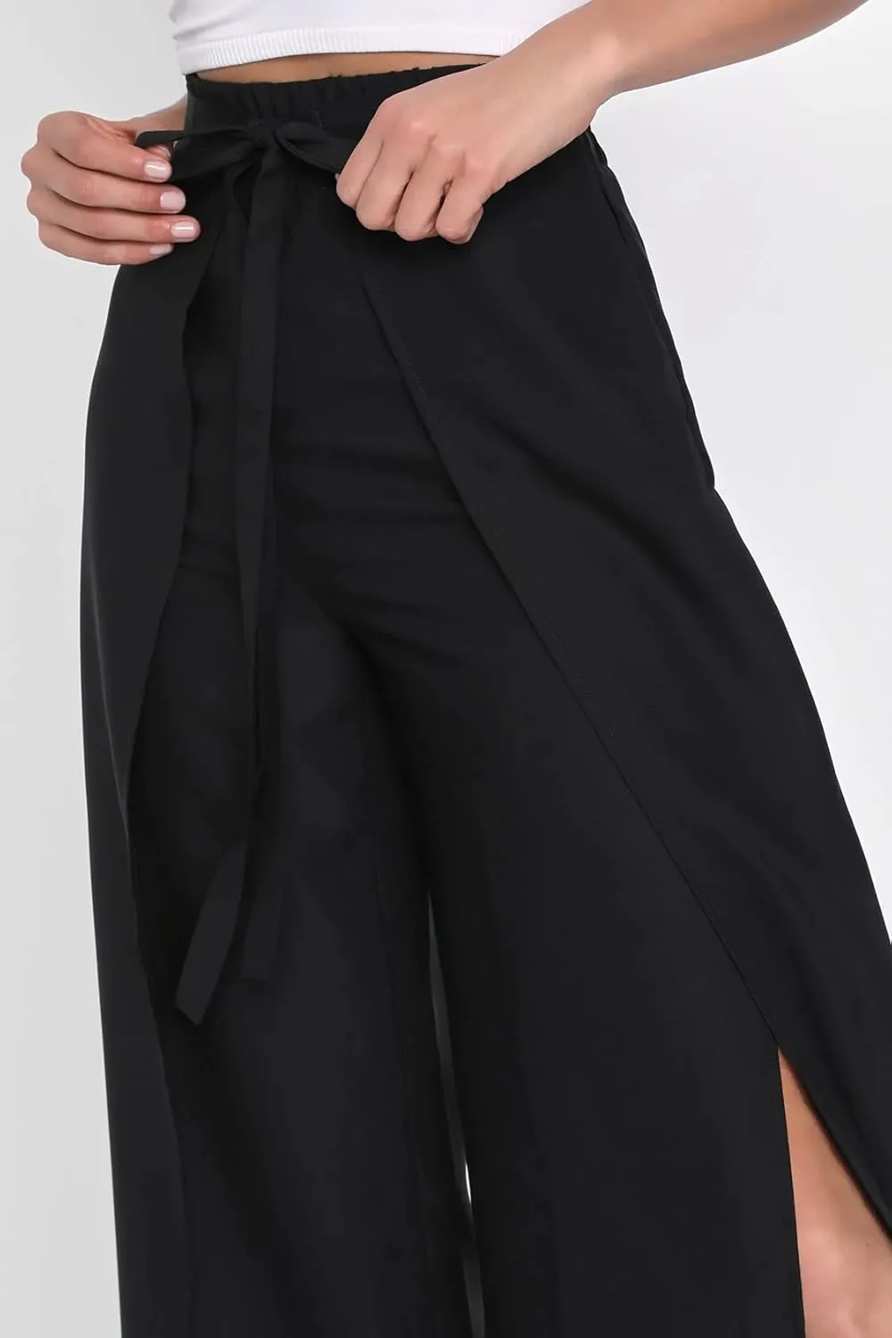 LuFeng Women's Elegant Tie Front High Waist Belted Flowy Side Split Wide Leg Long Casual Pants
