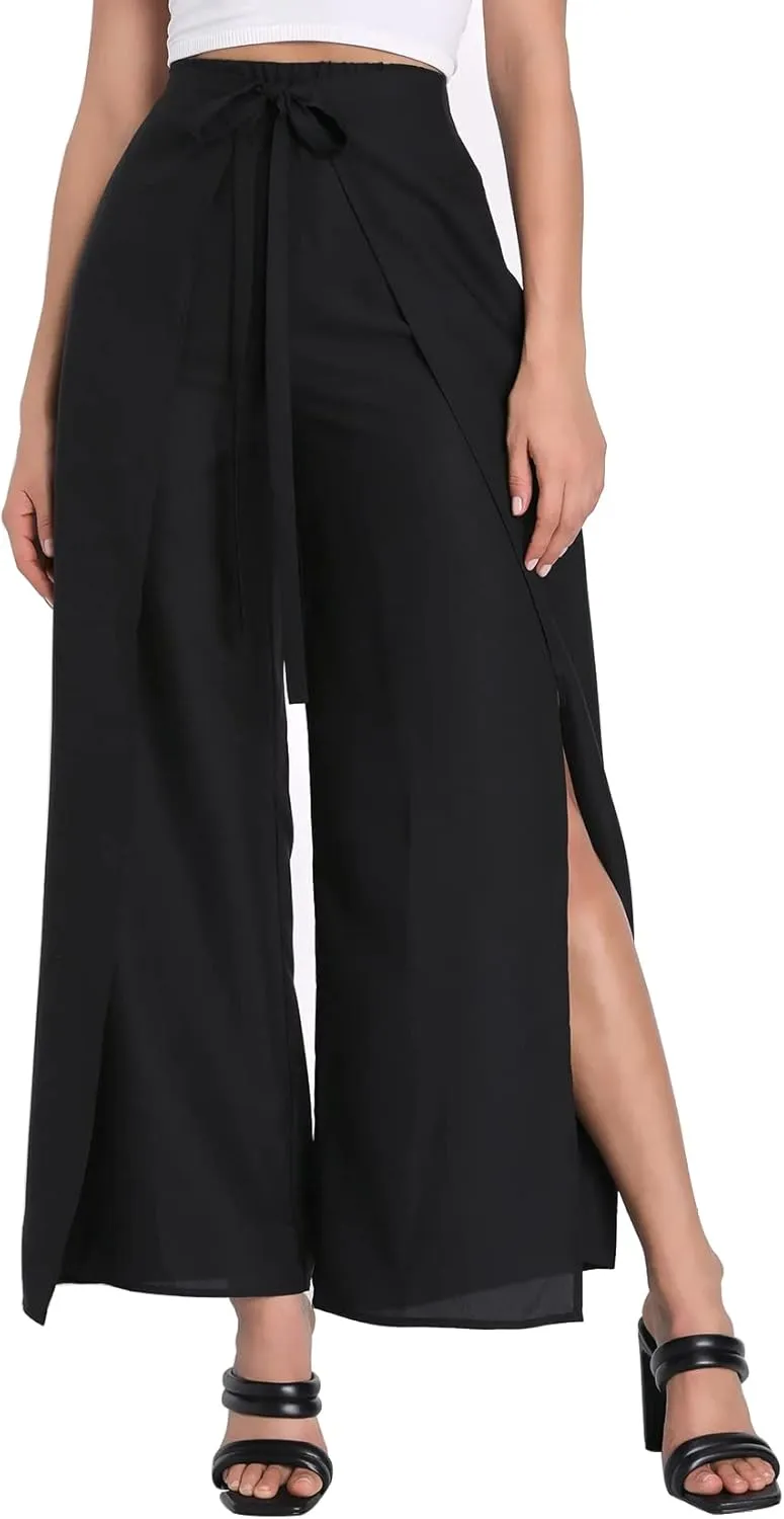 LuFeng Women's Elegant Tie Front High Waist Belted Flowy Side Split Wide Leg Long Casual Pants