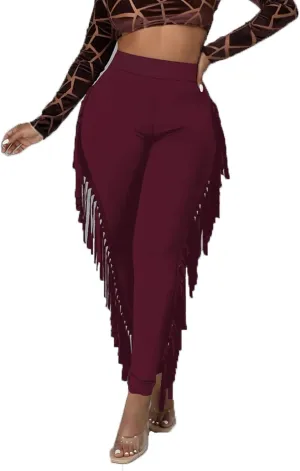 LYANER Women's High Waist Fringe Jogger Sweatpants Tassels Side Bodycon Pants
