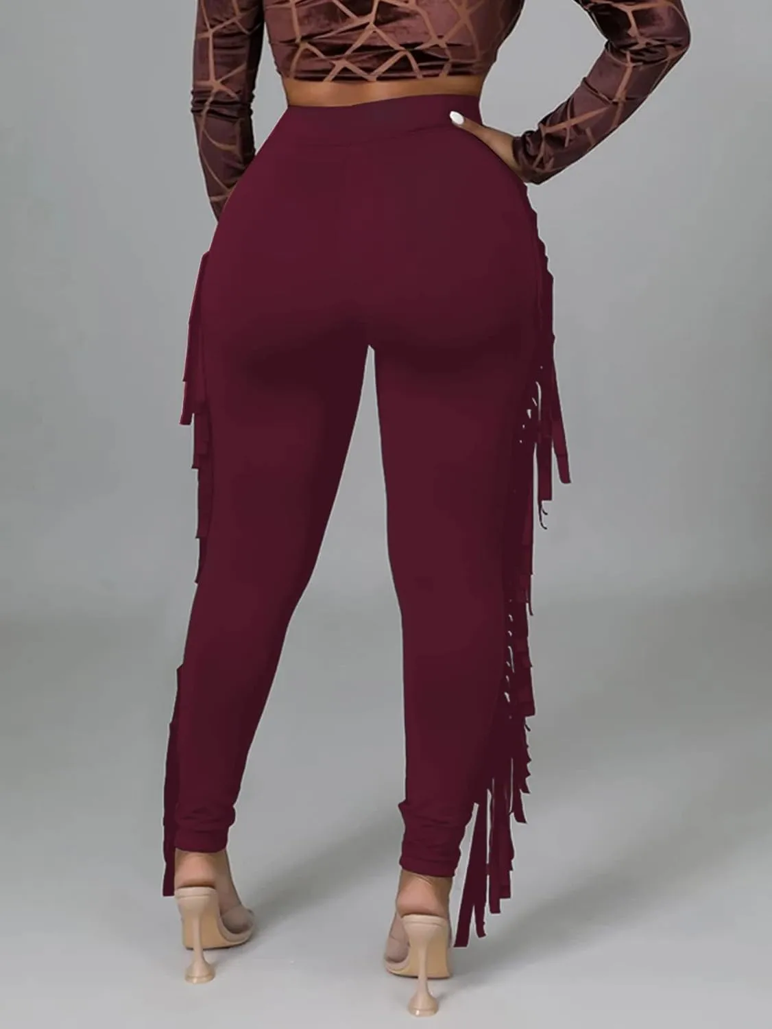 LYANER Women's High Waist Fringe Jogger Sweatpants Tassels Side Bodycon Pants