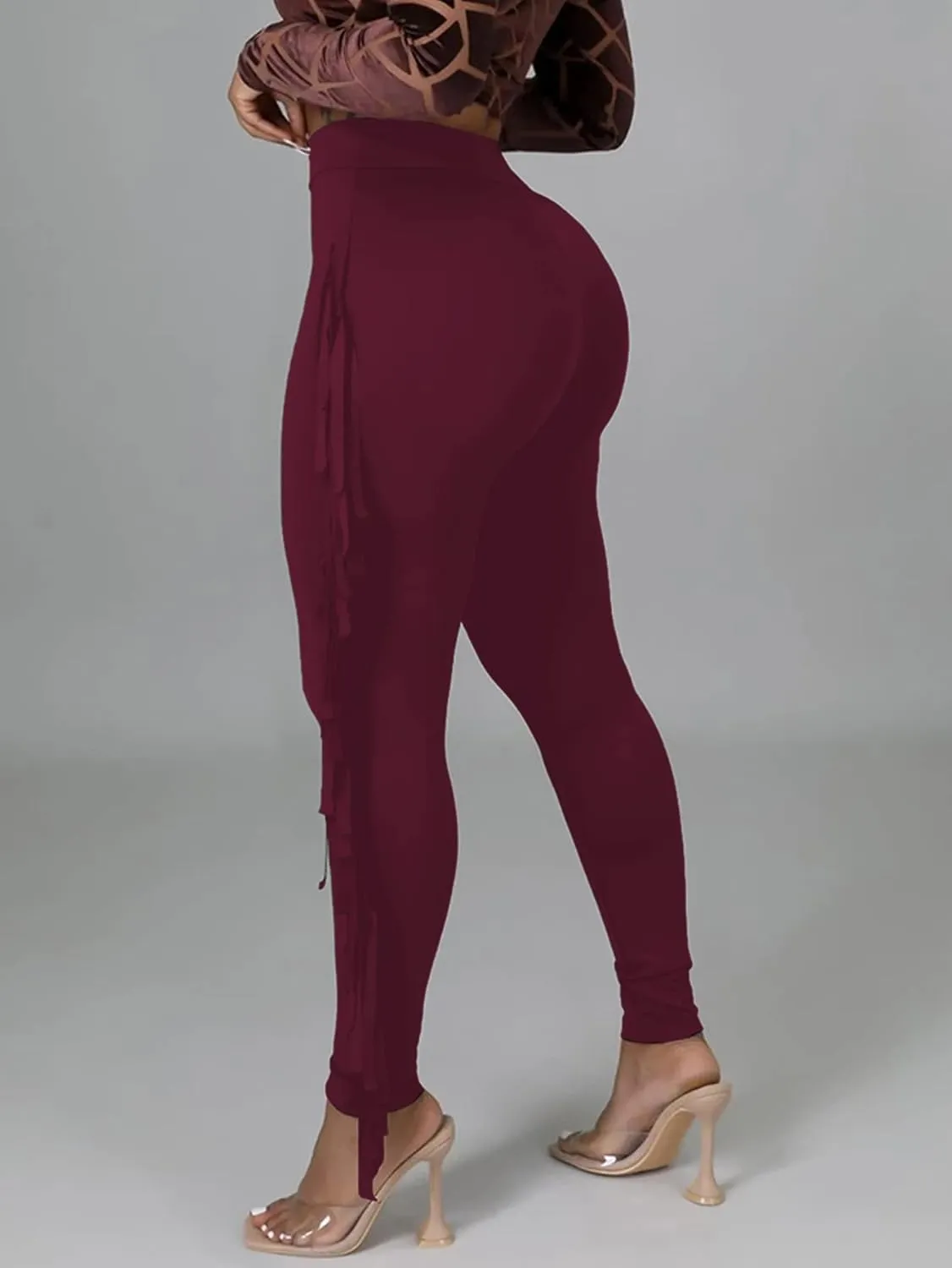 LYANER Women's High Waist Fringe Jogger Sweatpants Tassels Side Bodycon Pants