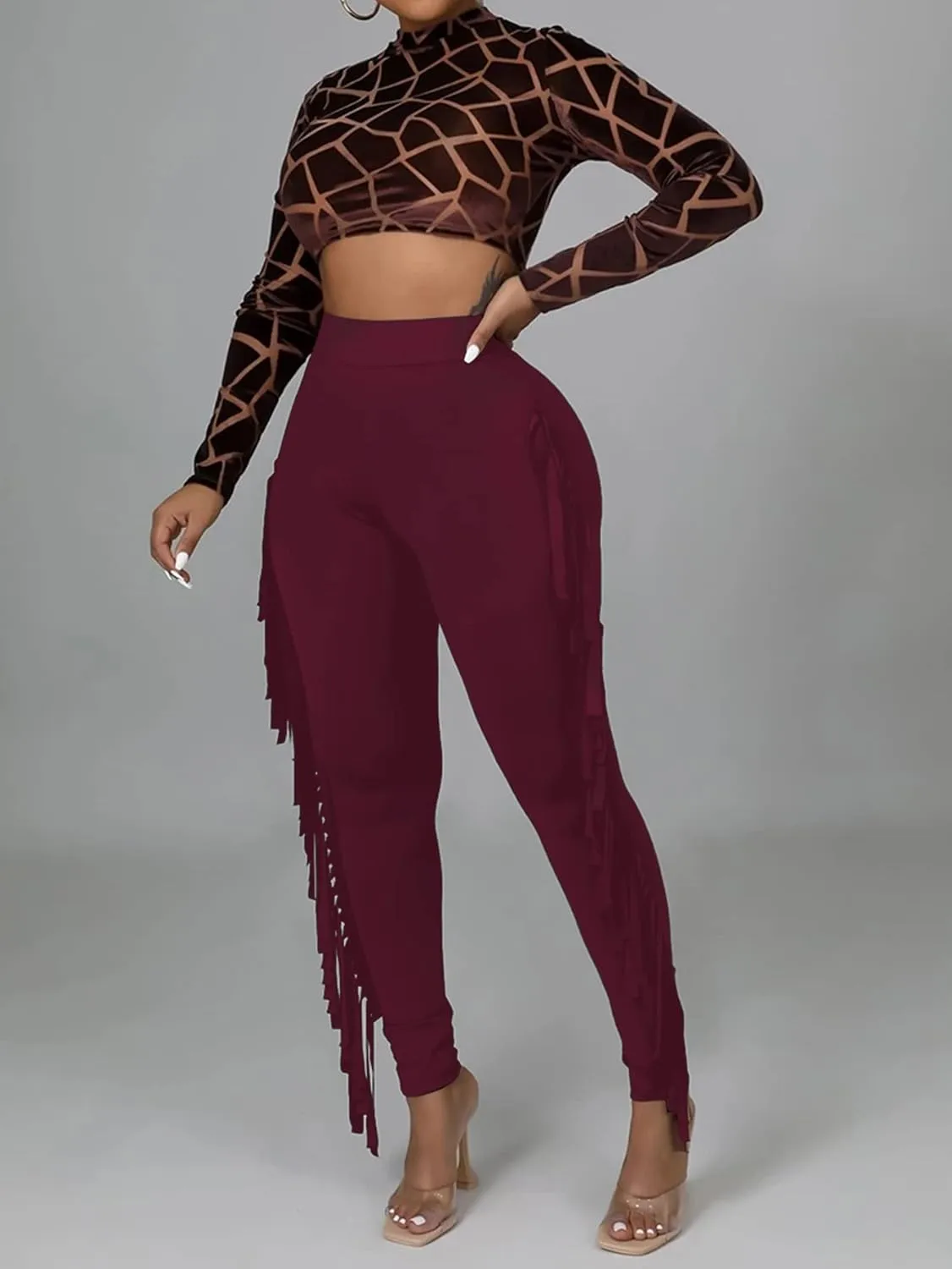 LYANER Women's High Waist Fringe Jogger Sweatpants Tassels Side Bodycon Pants