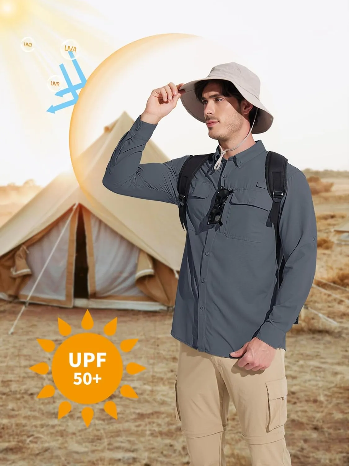 MAGCOMSEN Men's Sun Protection Fishing Shirts Long Sleeve UPF 50  Quick Dry Cooling Button Down Shirt for Hiking Safari